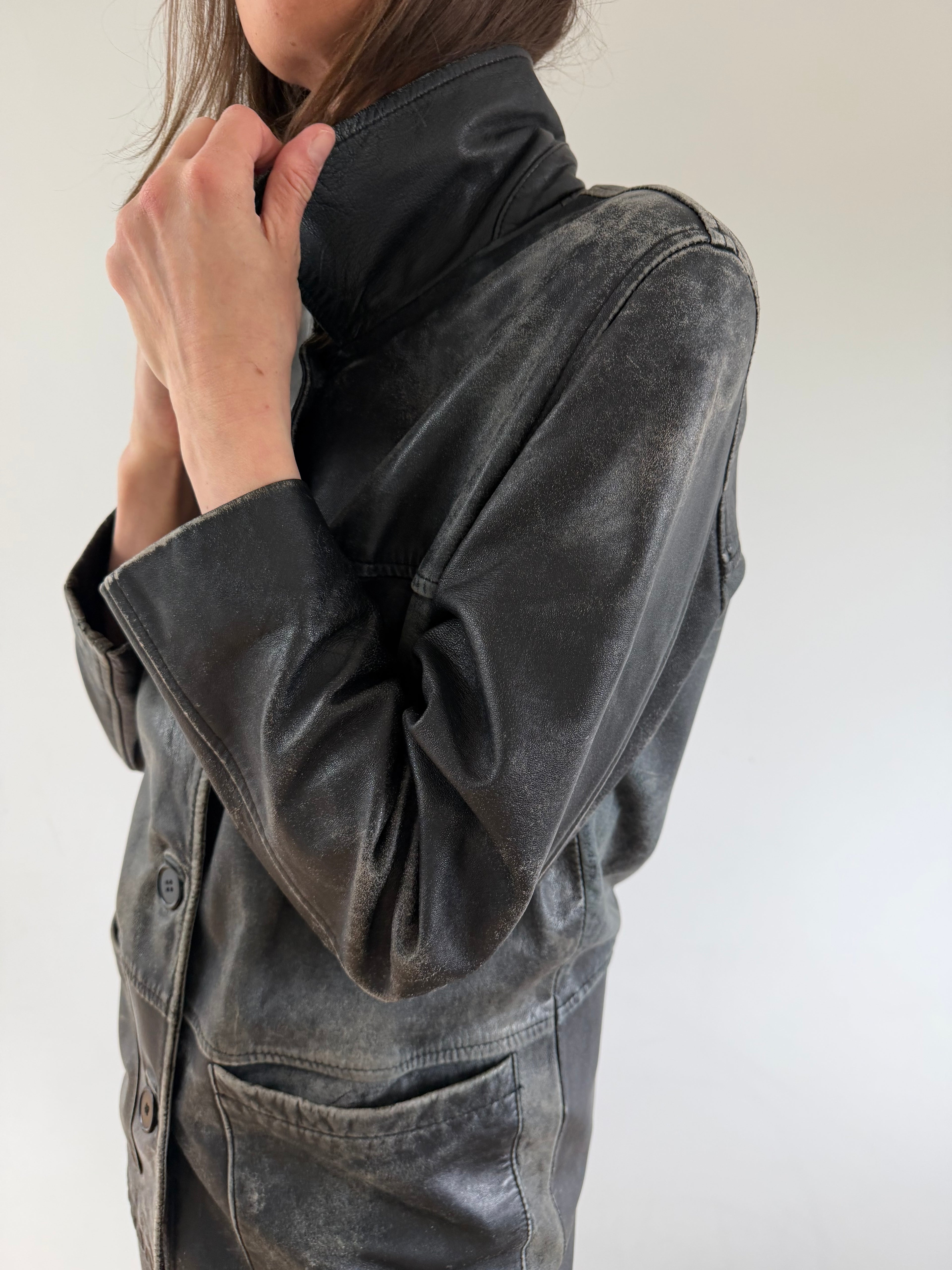 Distressed Leather Jacket Black