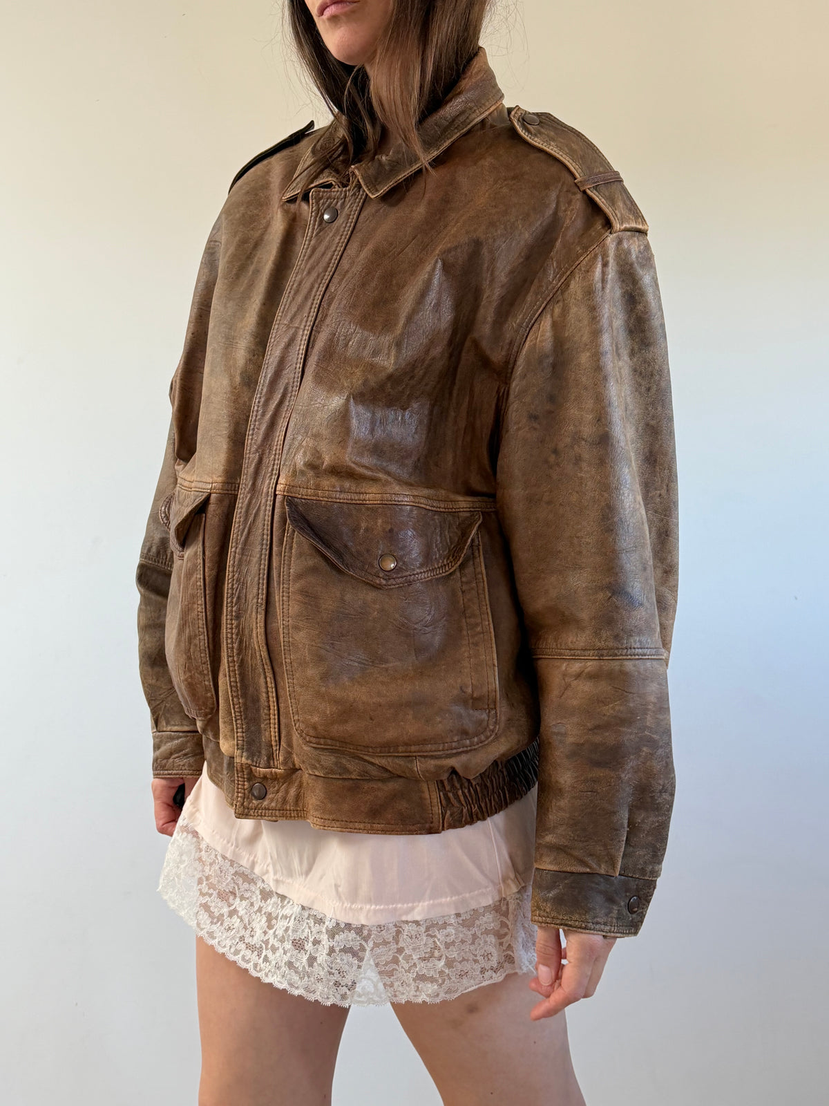 Vintage Brown Leather Bomber