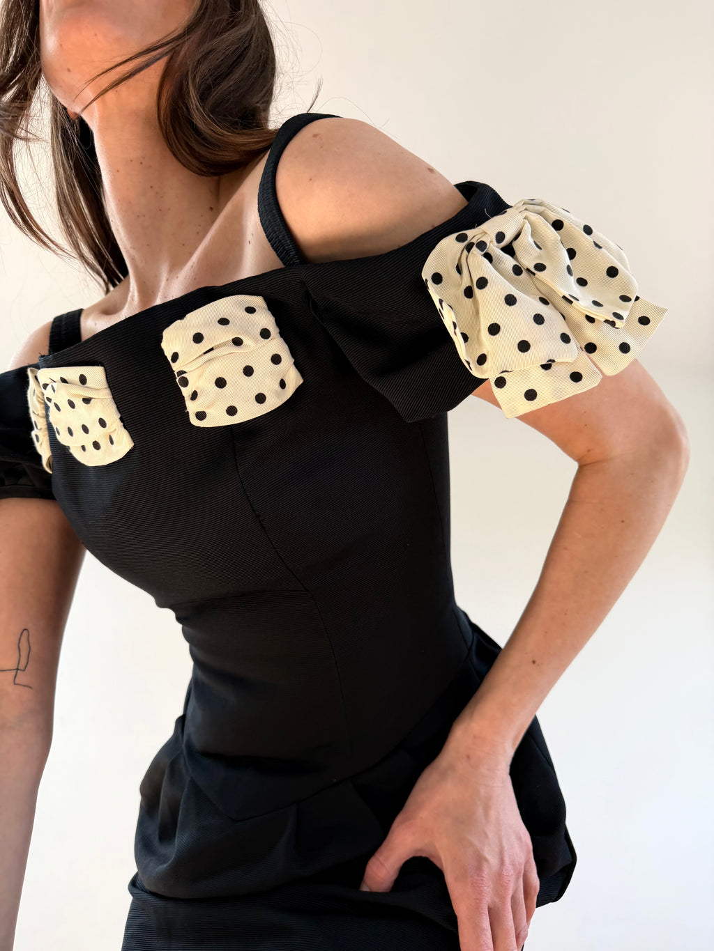 1980s Polka Bow Mini Dress Black