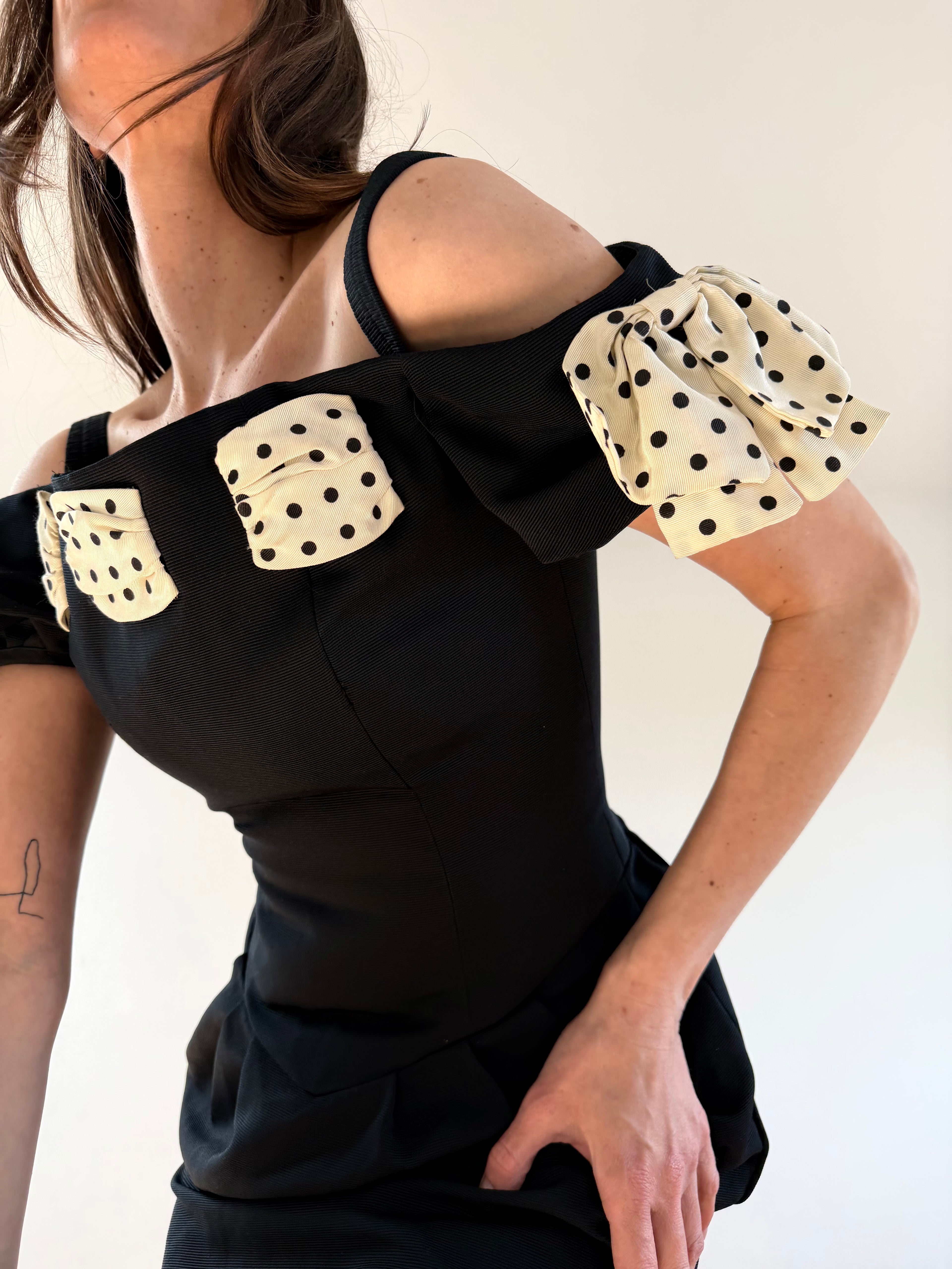 1980s Polka Bow Mini Dress Black