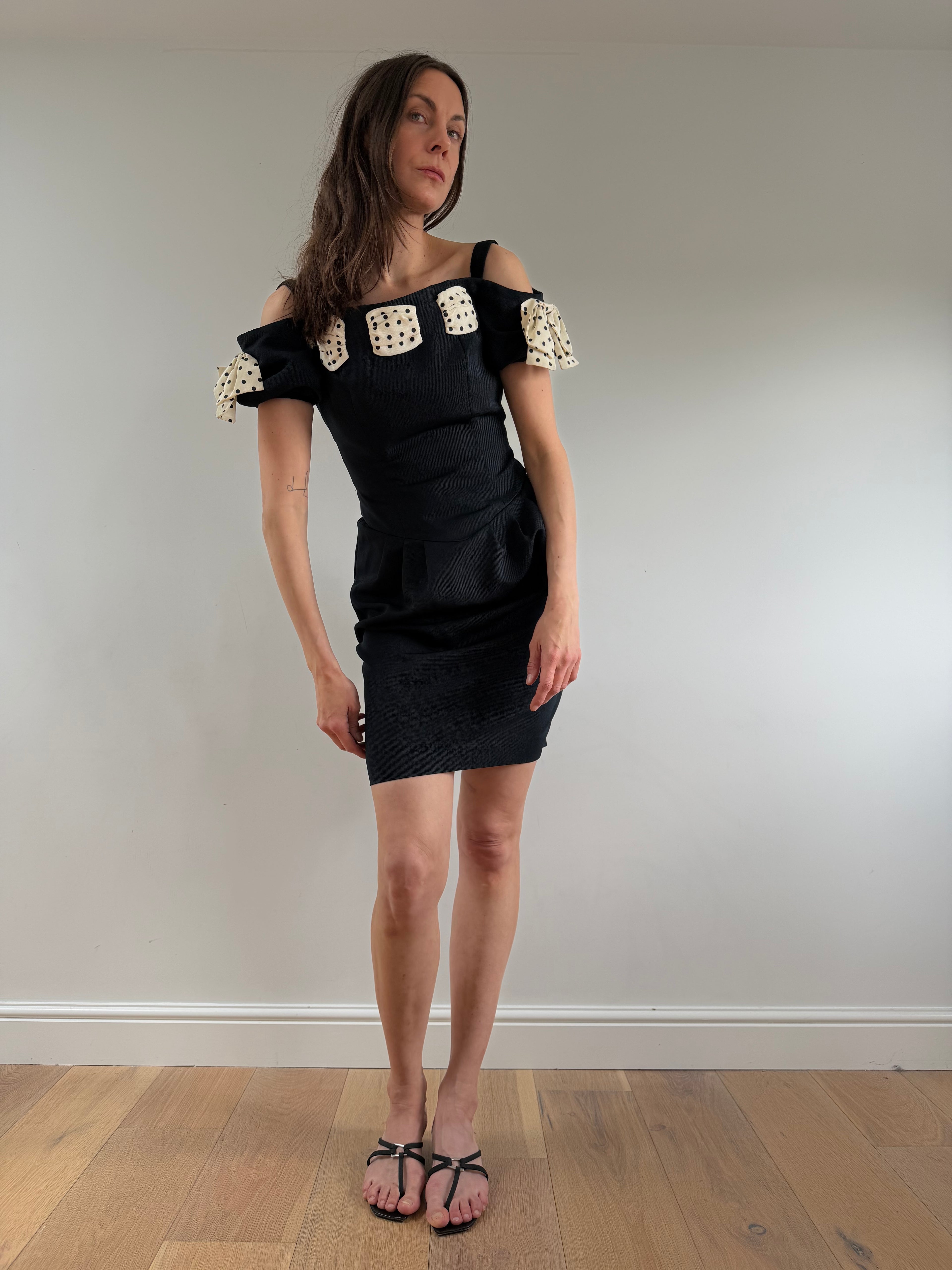 1980s Polka Bow Mini Dress Black