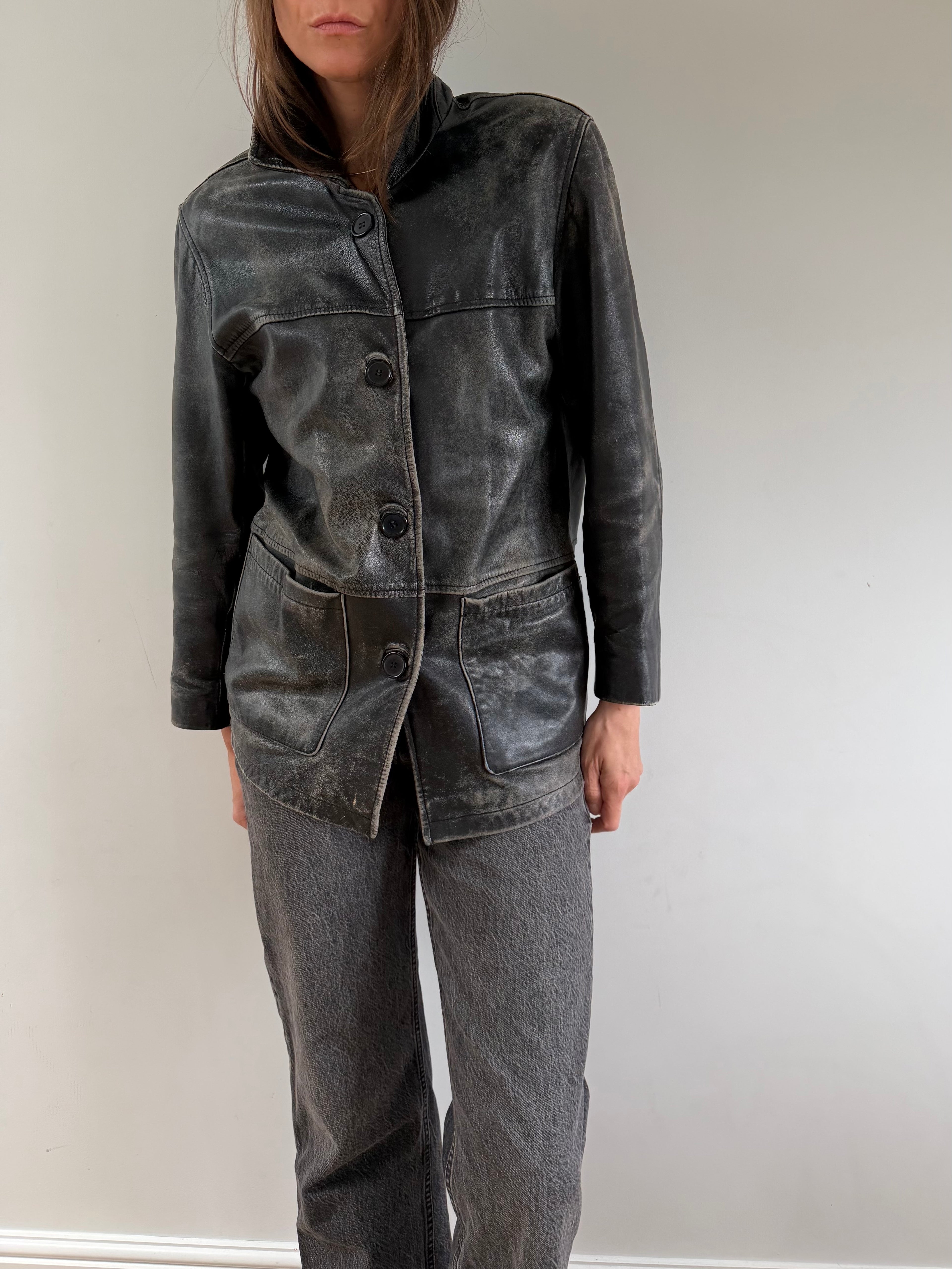 Distressed Leather Jacket Black