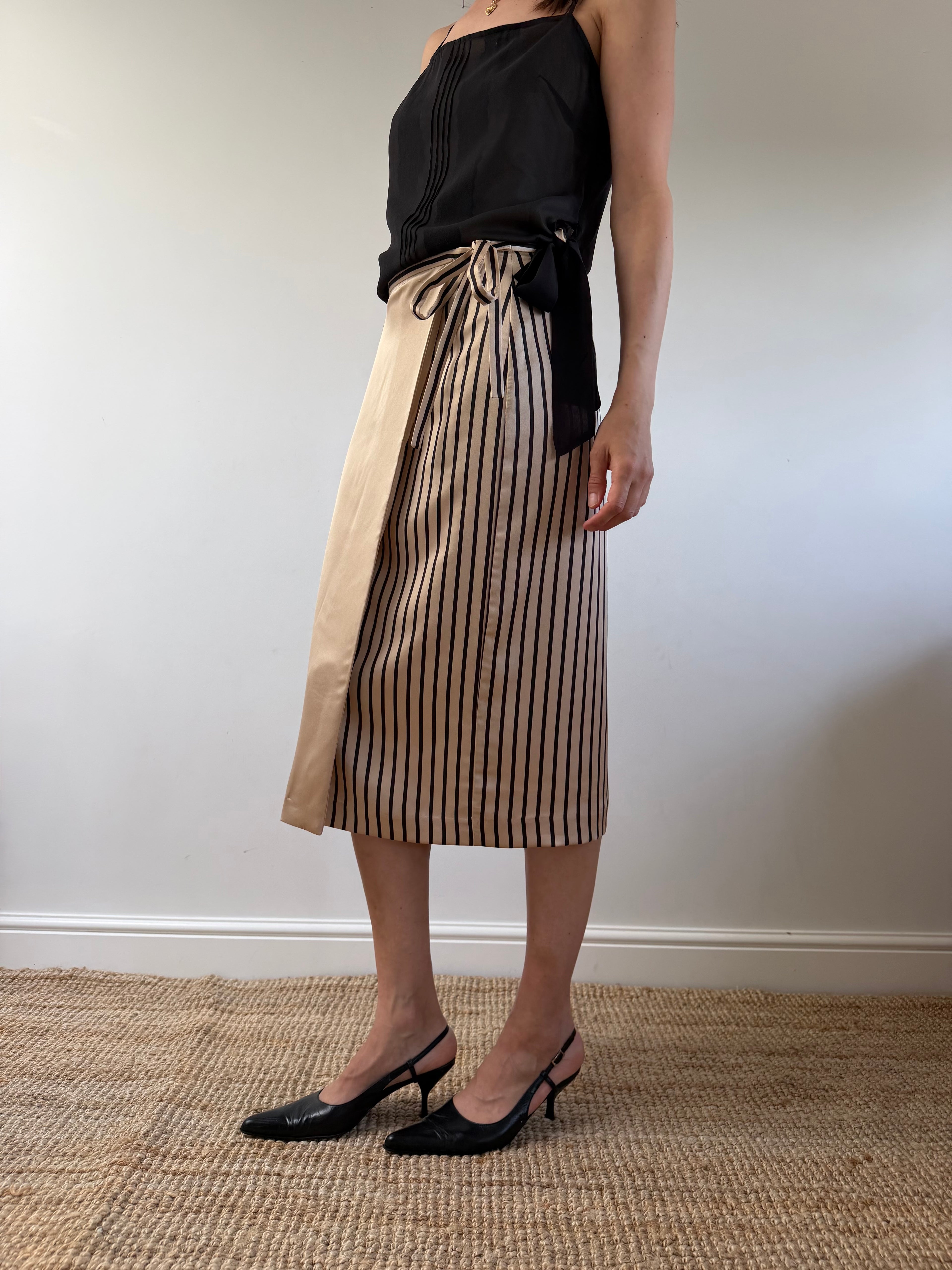 Striped Wrap Midi Skirt