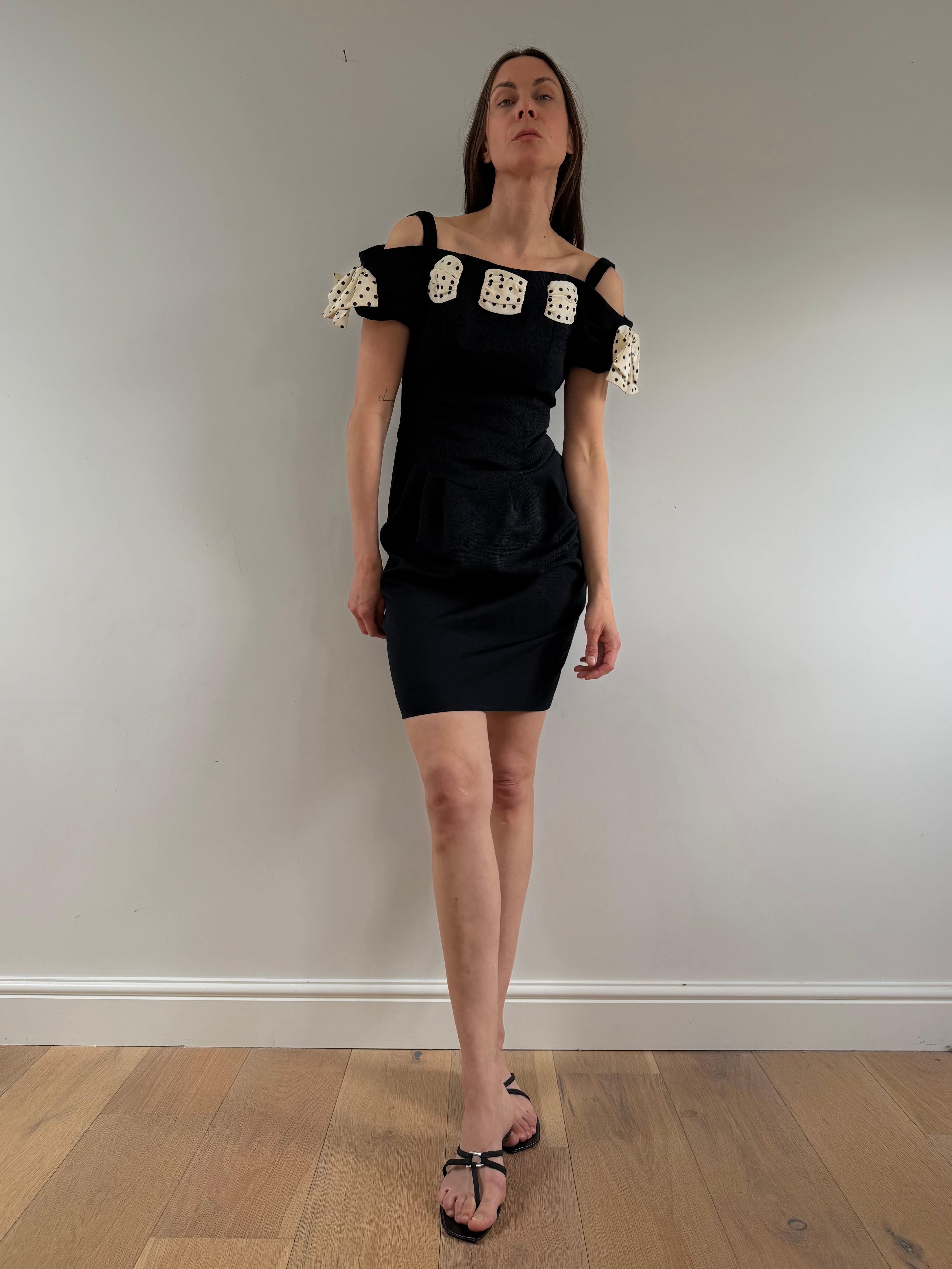 1980s Polka Bow Mini Dress Black