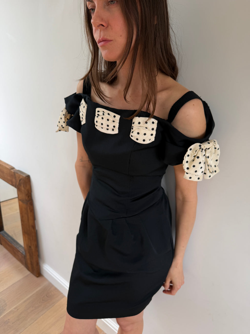 1980s Polka Bow Mini Dress Black