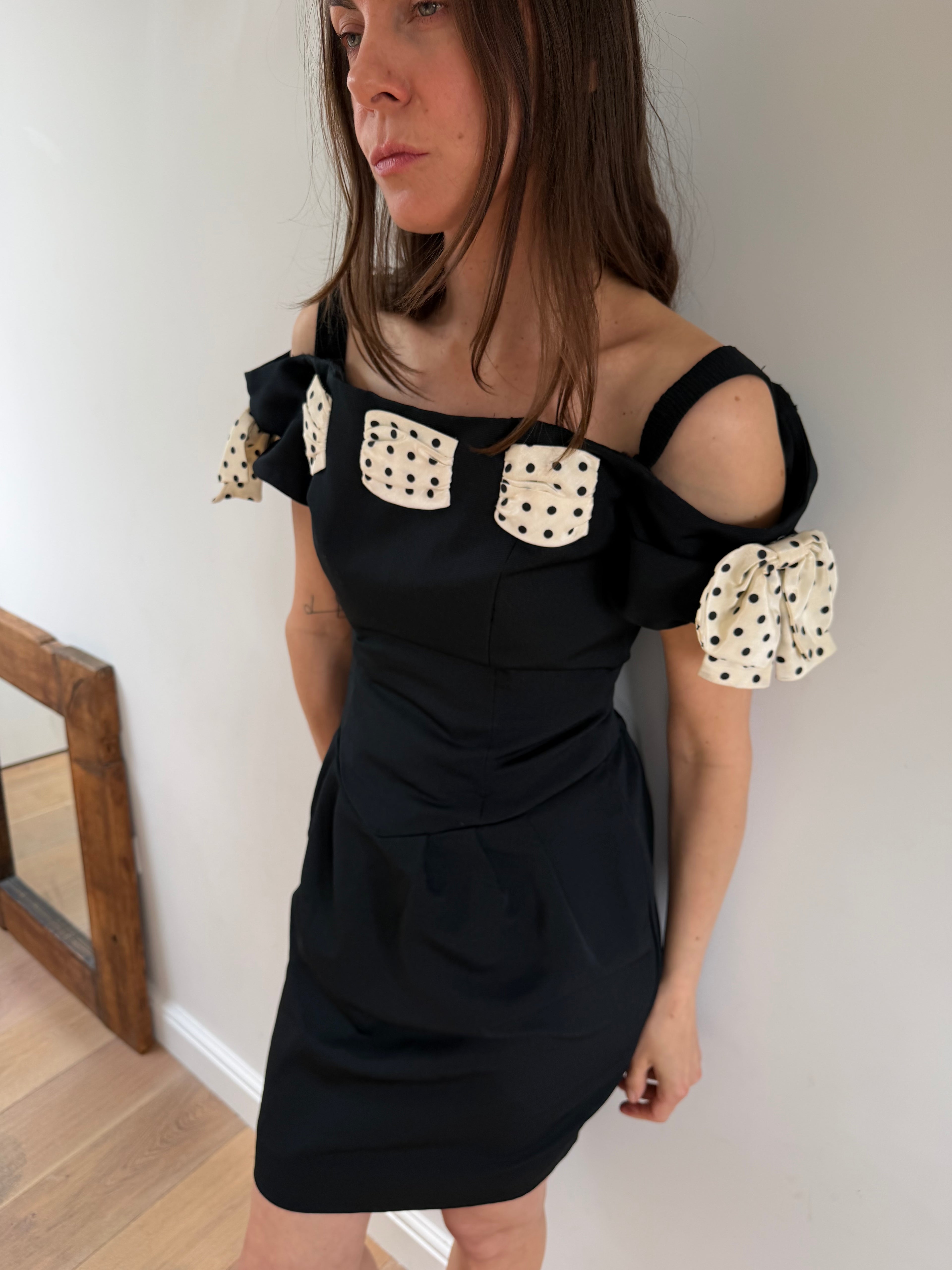 1980s Polka Bow Mini Dress Black