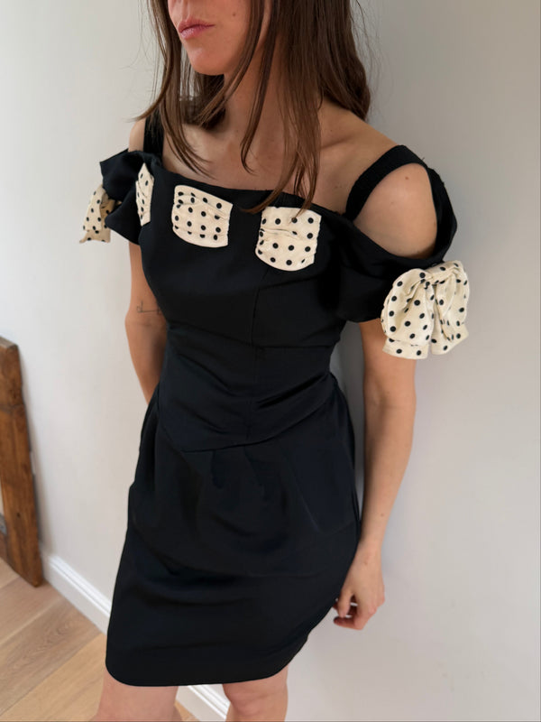 1980s Polka Bow Mini Dress Black