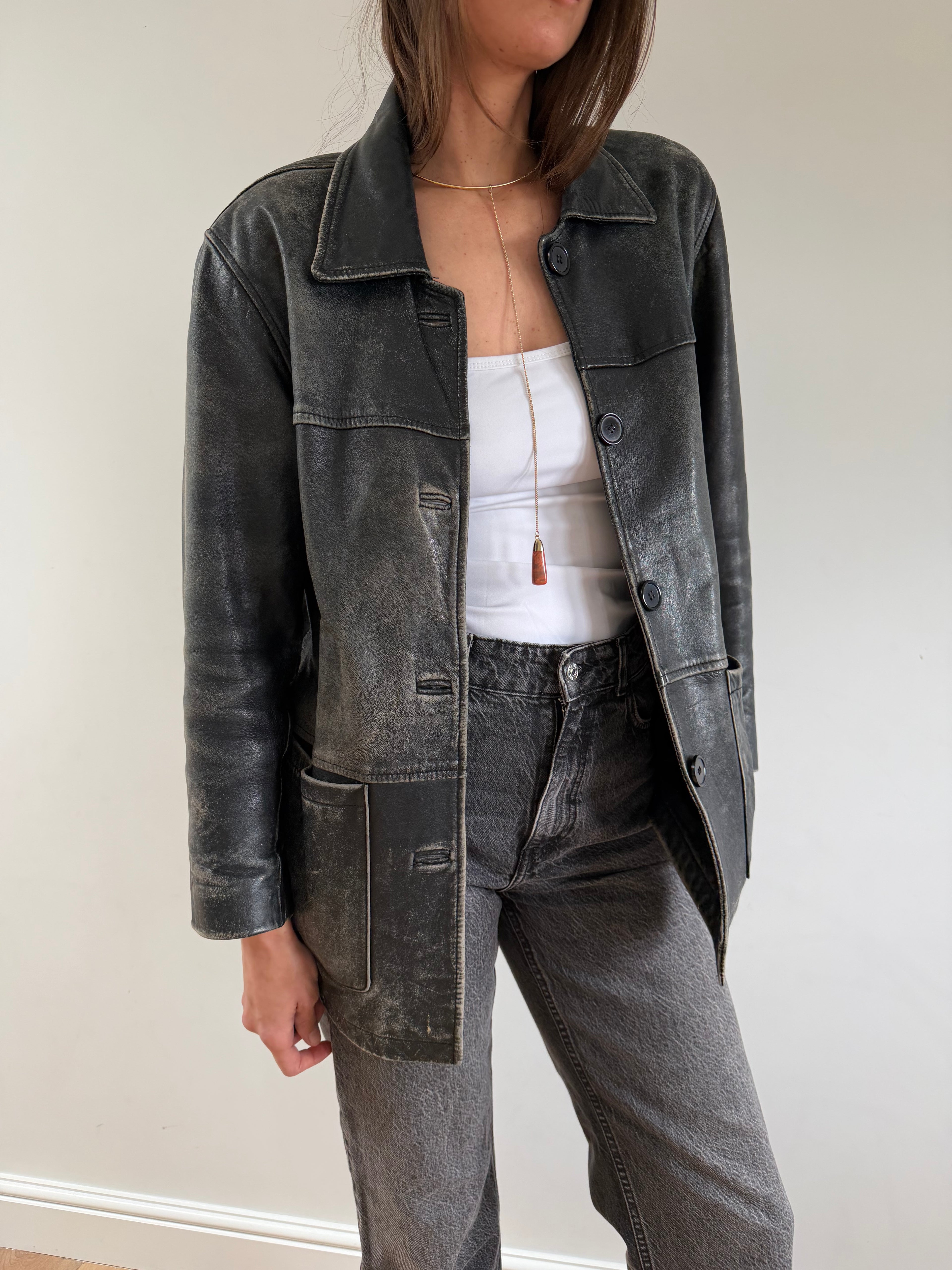 Distressed Leather Jacket Black