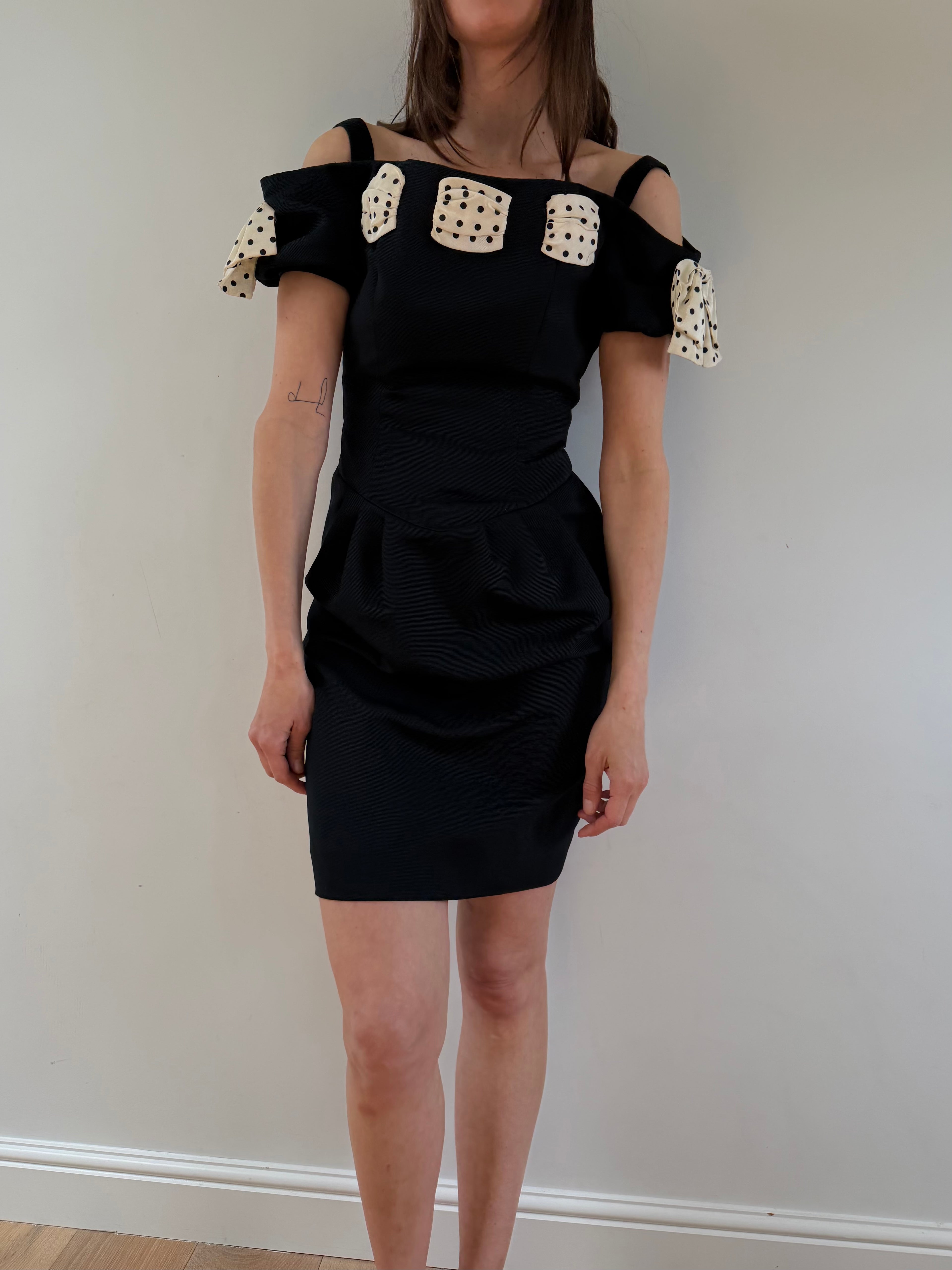 1980s Polka Bow Mini Dress Black