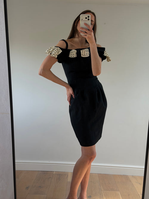 1980s Polka Bow Mini Dress Black