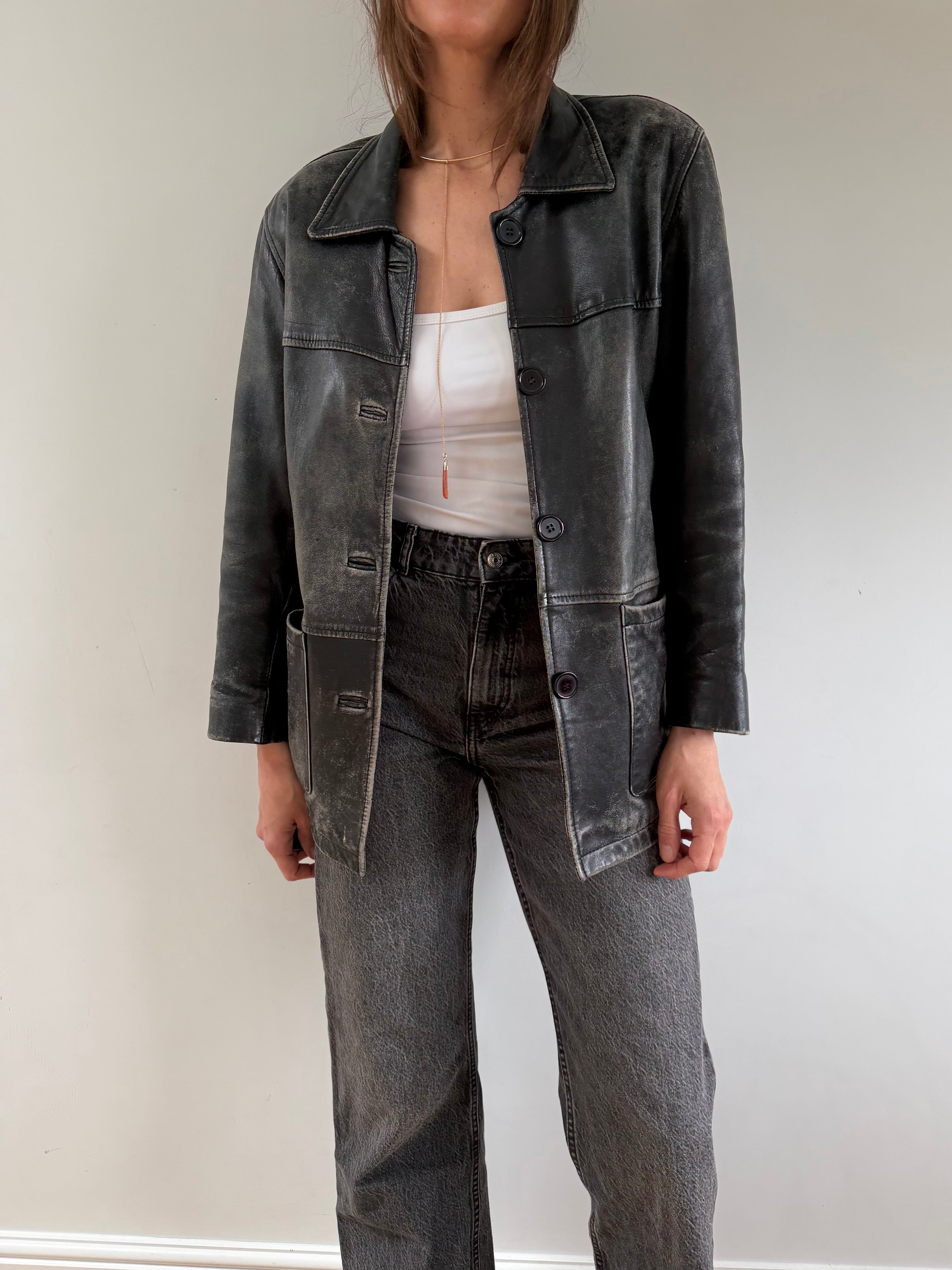 Distressed Leather Jacket Black