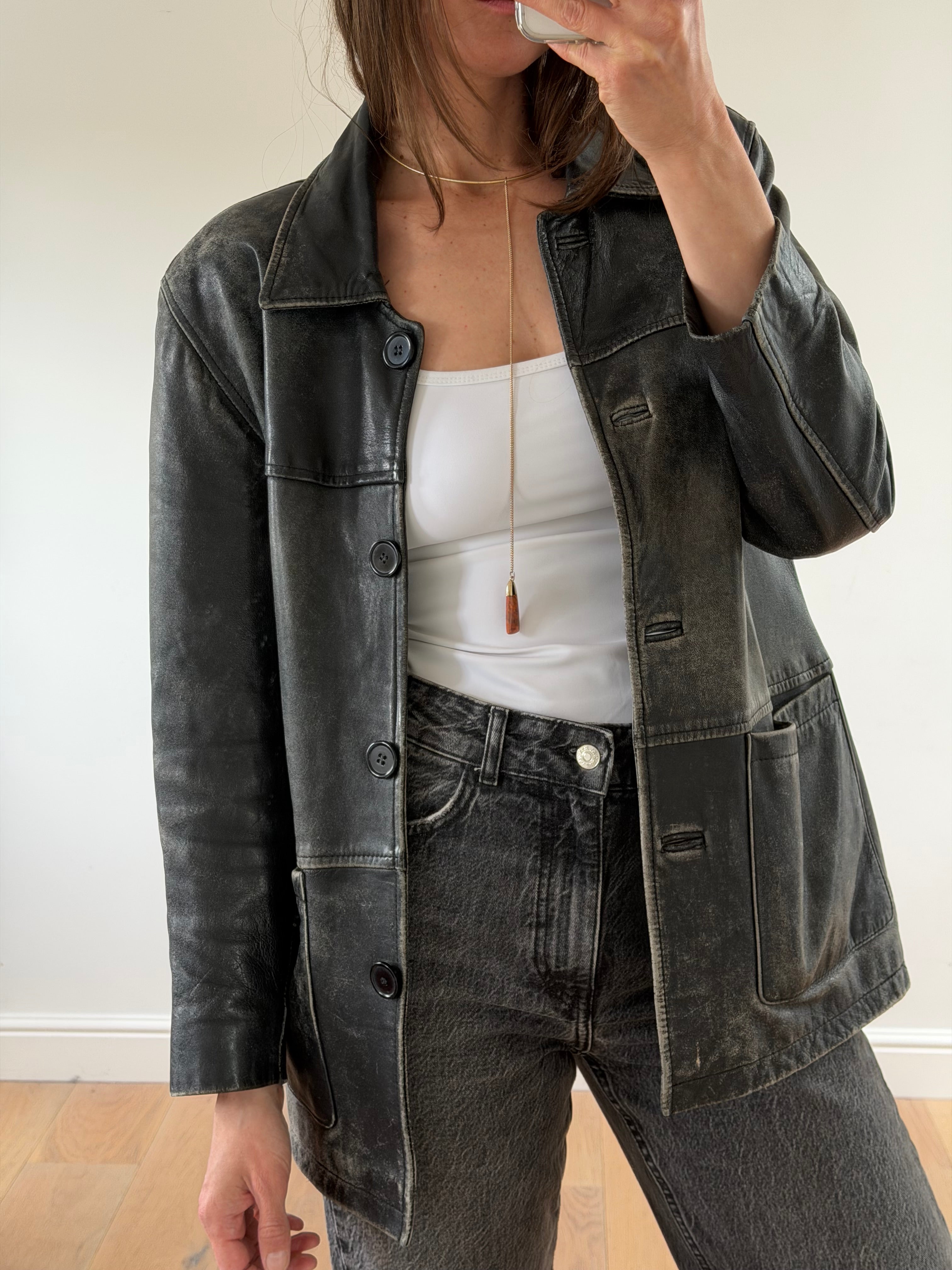 Distressed Leather Jacket Black