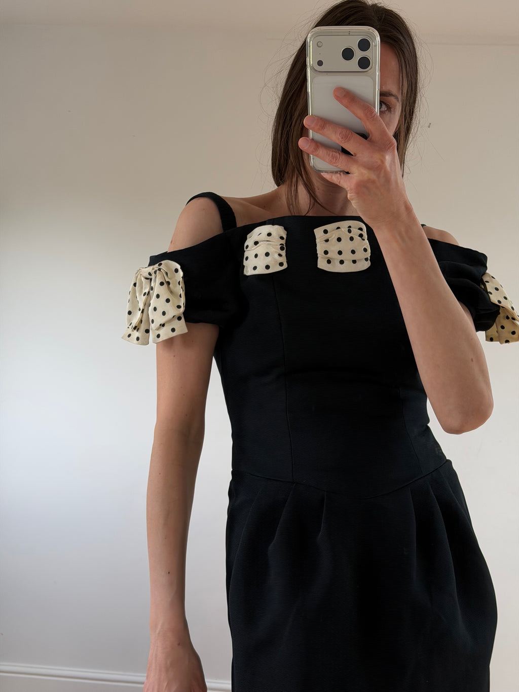 1980s Polka Bow Mini Dress Black